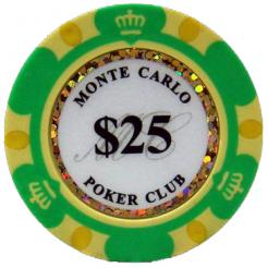 Bundle of 25 green monte carlo poker chips