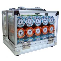 600 monte carlo poker chip set in an acrylic chip carrier with 6 chip trays